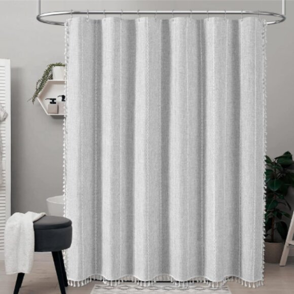 Boho Linen Shower Curtain Gray Extra Long Embroidered Tassels 73 x 96 Farmhouse - Picture 3 of 15